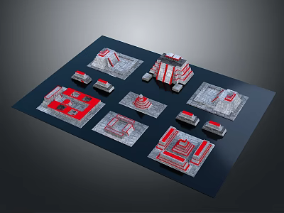 Red and Gray Architectural Models Arranged on Dark Display Board with Detailed Structures 3d model