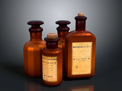 Vintage Amber Medicine Bottles With Labels And Cork Stoppers In Various Sizes 3d model