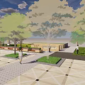 Scenic Park Landscape With Open Paved Square Green Trees Clouds And Pedestrians 3d model