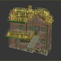 Traditional Wooden Two Story House With Grass Roof Chimney And Staircase