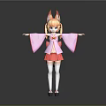 Anime Style 3D Character Girl With Fox Ears In Pink Kimono Top And Red Skirt