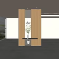 Stylish Wooden Room Divider Interior With Black Shelf Hanging Lamp And Green Plant Vase