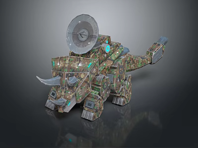 Mechanical Triceratops Robot With Armored Body Turret And Glowing Blue Lights 3d model