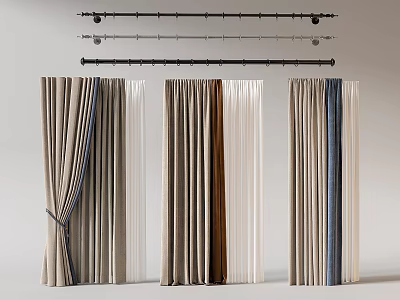 Various Stylish Curtains With Tied Accents And Neutral Striped Colors On Black Rods 3d model