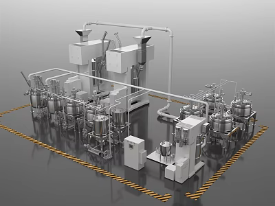 Industrial Production Line Equipment With Stainless Steel Tanks Piping And Mechanical Units 3d model