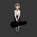 Anime Game Character With Blonde Hair Headband White Top Purple Skirt Holding Red Guitar Case