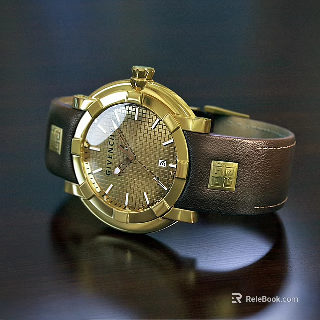 Elegant Franck Gold Watch with Brown Leather Strap and Grid Dial Design 3d model 