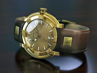 Elegant Franck Gold Watch with Brown Leather Strap and Grid Dial Design 3d model