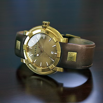 Elegant Franck Gold Watch with Brown Leather Strap and Grid Dial Design 3d model