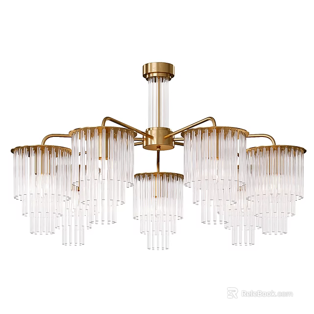 Modern Golden Metal Frame Chandelier With Transparent Hanging Glass Tubes Design 3d model 