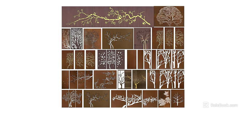 Decorative Wooden Panels With Tree Branch Patterns And Various Design Styles 3d model
