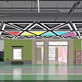 Modern Parking Lot Entrance Featuring Colorful Geometric Ceiling Design And Green Floor