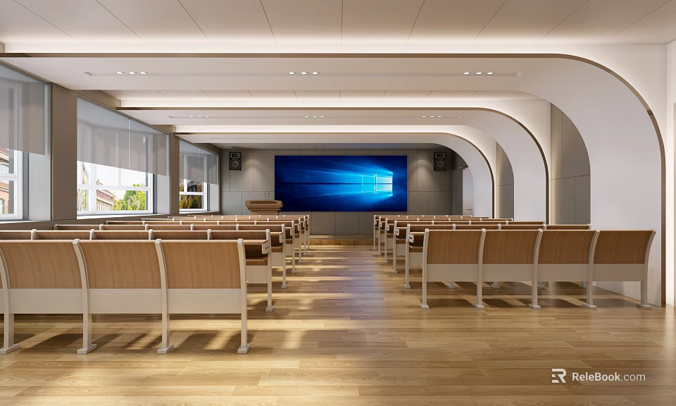 Spacious Modern Meeting Room Interior With Wooden Seats And Large Screen 3d model 