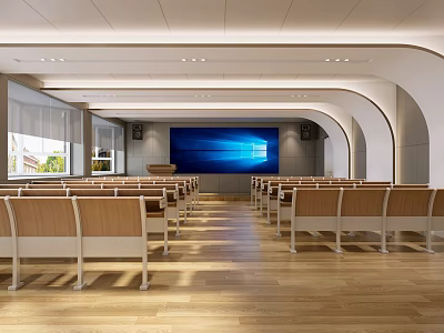 Spacious Modern Meeting Room Interior With Wooden Seats And Large Screen 3d model