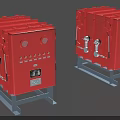 Red Industrial Control Panels with Metal Stands Control Buttons Instrument Gauges and Pipeline Connections