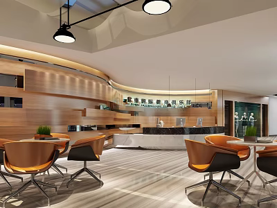 Modern Shop Front Desk With Wooden Paneling Hanging Lights And Seating Area 3d model