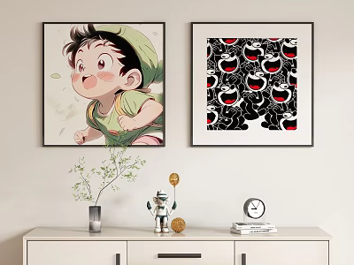 Room Decor With Cartoon Character And Pattern Art Paintings On Wall And White Cabinet 3d model