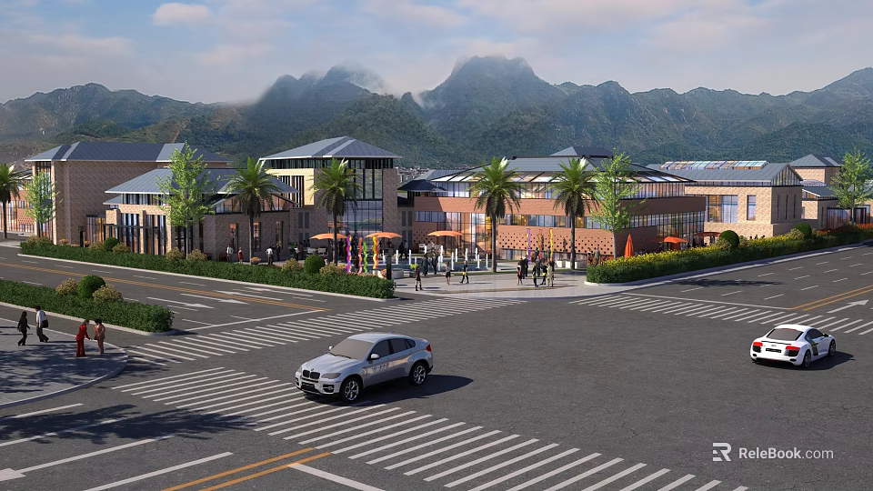 Scenic Mountain View Commercial Complex With Palm Trees Pedestrians And Cars On Road 3d model 