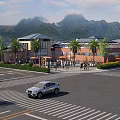 Scenic Mountain View Commercial Complex With Palm Trees Pedestrians And Cars On Road