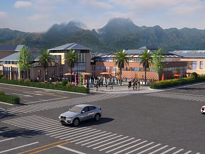 Scenic Mountain View Commercial Complex With Palm Trees Pedestrians And Cars On Road 3d model