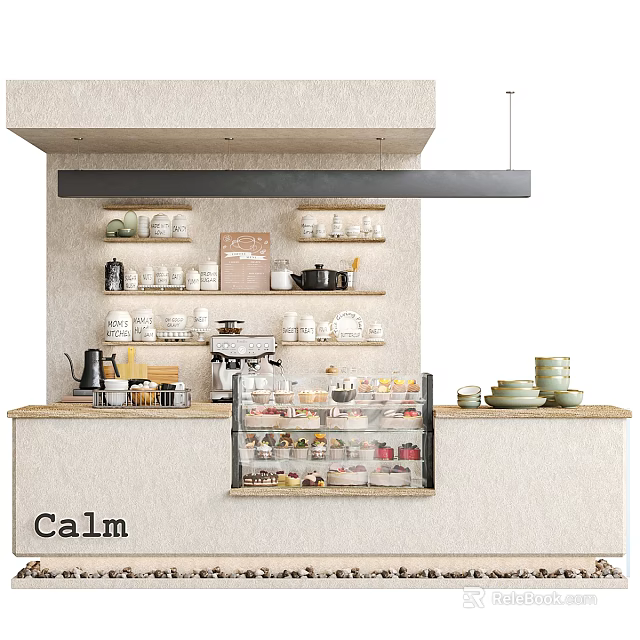 Calm Bar Counter Interior With Shelves Cups Coffee Machine And Dessert Display Case 3d model 