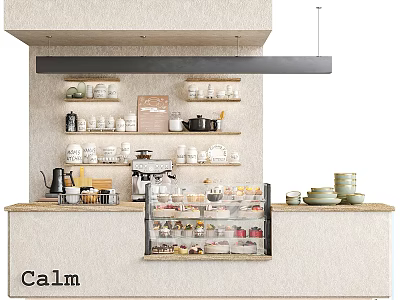 Calm Bar Counter Interior With Shelves Cups Coffee Machine And Dessert Display Case 3d model