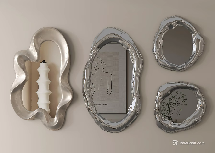 Modern Silver Decorative Mirrors with Irregular Shapes Hanging on Beige Wall 3d model