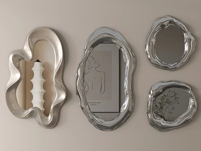 Modern Silver Decorative Mirrors with Irregular Shapes Hanging on Beige Wall 3d model