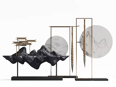 Chinese Style Ornamental Decor Set With Rockery Pavilion Circular Landscape And Metal Stands 3d model