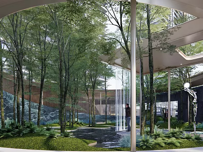 Serene Garden Landscape With Tall Trees Water Stream And Lush Greenery 3d model