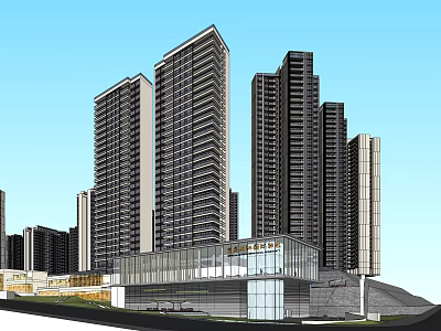 Modern High Rise Buildings With Glass Curtain Walls And Podium Structure 3d model