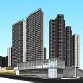 Modern High Rise Buildings With Glass Curtain Walls And Podium Structure