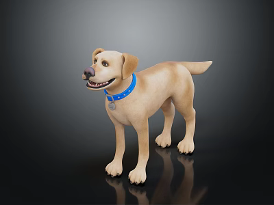 Golden Labrador Dog With Blue Collar And Tag On Black Reflective Surface 3d model