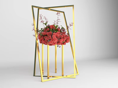 Floral Decor Display in Golden Geometric Frame with Red Flowers and Decorative Branches 3d model