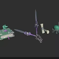 Fantasy Character Equipment With Magic Book Dagger Scroll And Green Chair