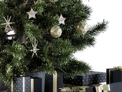 Decorated Christmas Tree With Gold Silver Star Ornaments Snowflake And Black Gift Boxes 3d model