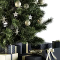 Decorated Christmas Tree With Gold Silver Star Ornaments Snowflake And Black Gift Boxes