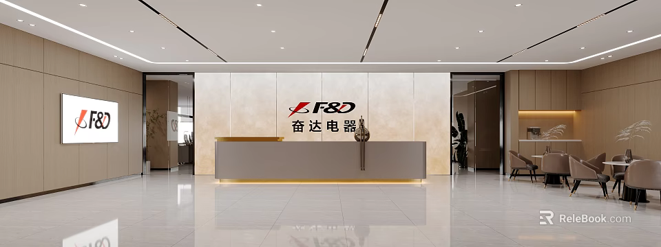 Modern Office Reception Area With Company Logo And Elegant Front Desk Design 3d model 