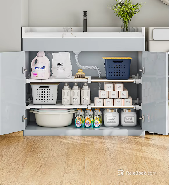 Organized Storage Cabinet with Laundry Detergent Powder Plates Cleaning Bottles and Small Boxes 3d model 