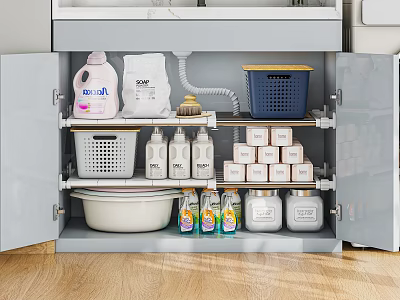 Organized Storage Cabinet with Laundry Detergent Powder Plates Cleaning Bottles and Small Boxes 3d model