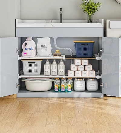 Organized Storage Cabinet with Laundry Detergent Powder Plates Cleaning Bottles and Small Boxes 3d model