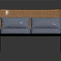 Modern Sofa With Rattan Backrest Blue Cushions And Black Metal Frame Design