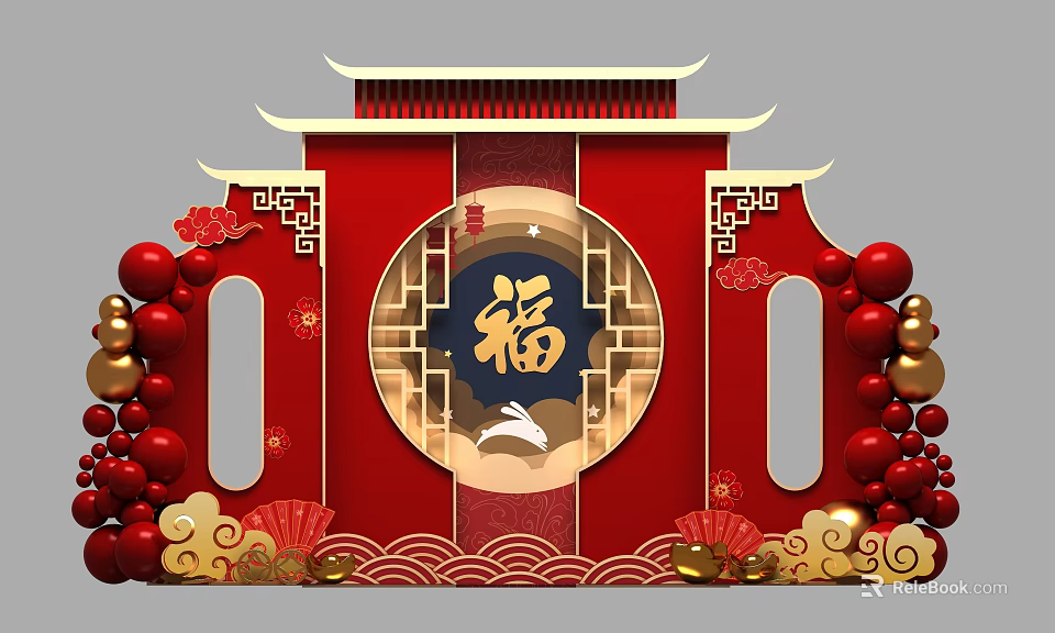 Chinese Traditional Festival Decoration With Red Background Golden Fu Character And Auspicious Clouds 3d model 