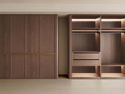 Modern Wooden Wardrobe Interior With Sliding Doors Open Shelves And Drawers 3d model