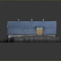 Rural Building Model With Blue Roof Yellow Walls Grass Path And Chimneys