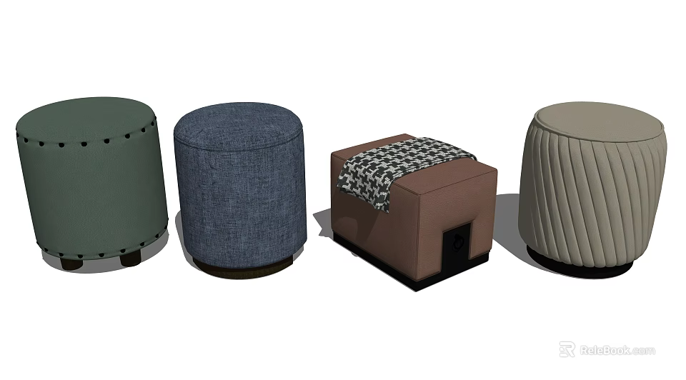 Various Ottoman Designs In Multiple Colors With Round Square Shapes And Patterned Fabric 3d model 