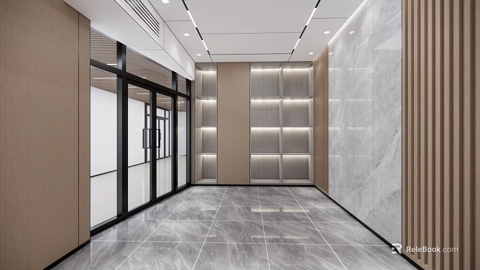 Modern Reception Area With Marble Walls Glass Doors Lighted Shelves And Marble Floor 3d model 