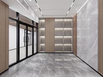 Modern Reception Area With Marble Walls Glass Doors Lighted Shelves And Marble Floor 3d model