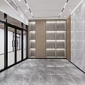 Modern Reception Area With Marble Walls Glass Doors Lighted Shelves And Marble Floor