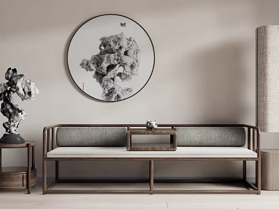 Modern Chinese Luohan Bed With Round Painting Wooden Side Table And Cushions 3d model
